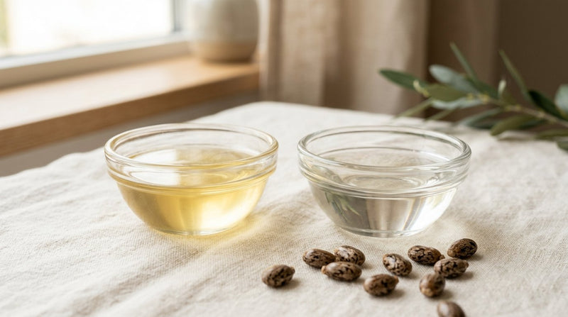 Cold-pressed castor oil next to refined castor oil, showing the colour difference