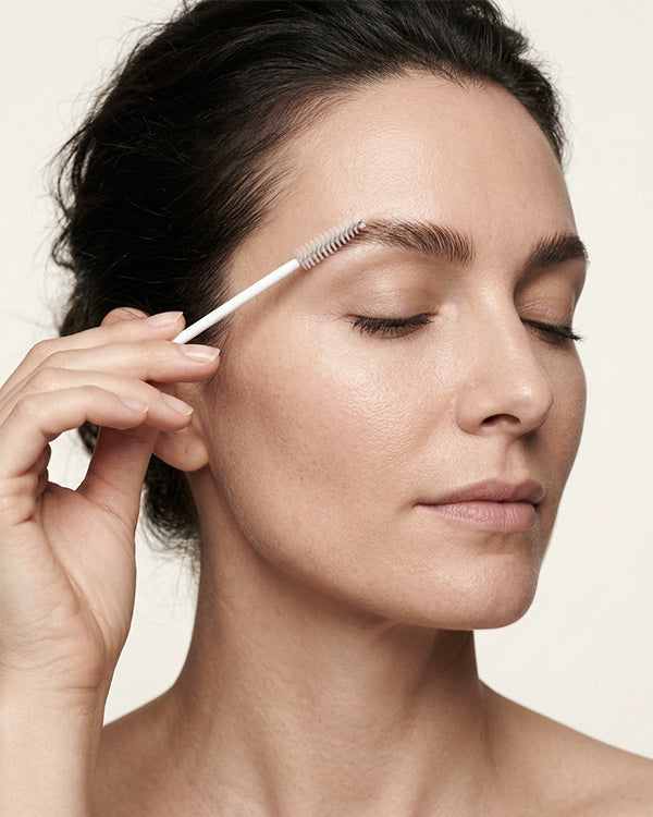 Woman brushing castor oil through her eyebrow with a clean spoolie