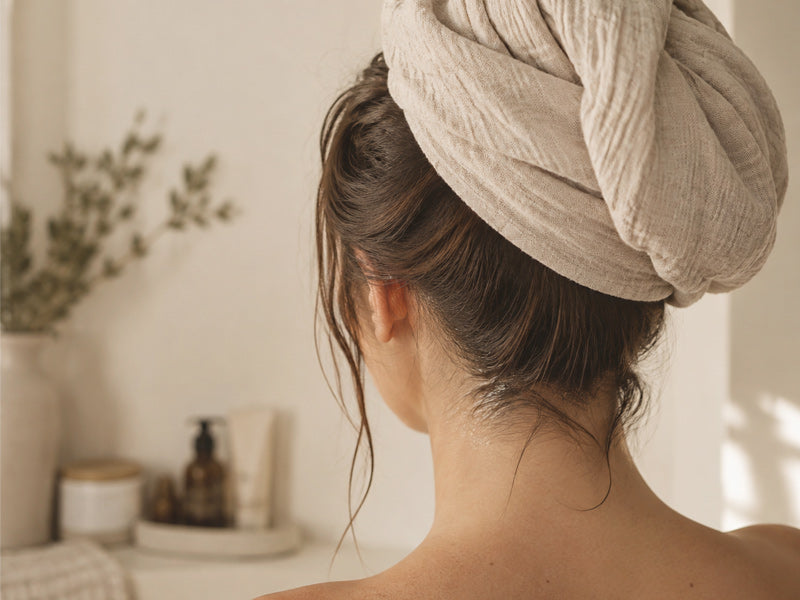 Oiled hair twisted up and wrapped in a towel to sit