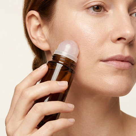 Rose quartz castor oil roll-on in amber glass rolled along the cheekbone