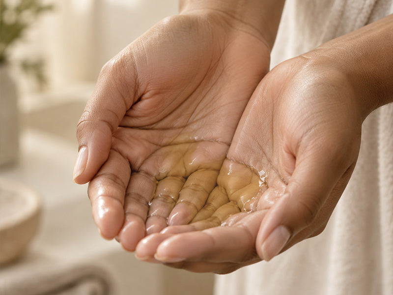 Castor oil warmed between the palms before applying to hair