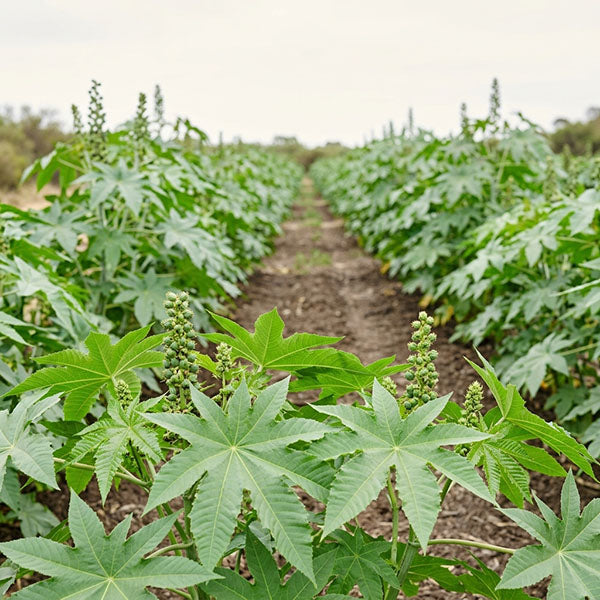Rows of castor plants on a certified organic plantation in India.