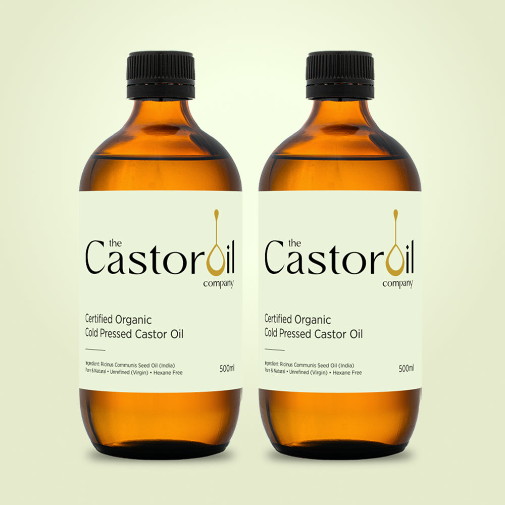 Certified organic cold-pressed castor oil, 1 litre pack of two 500ml amber glass bottles, screw cap, no pump