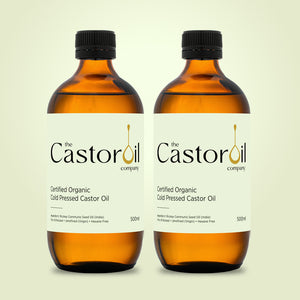 Certified organic cold-pressed castor oil, 1 litre pack of two 500ml amber glass bottles, screw cap, no pump