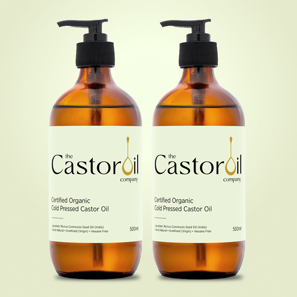 Certified organic cold-pressed castor oil, 1 litre pack of two 500ml amber glass bottles with pump dispensers