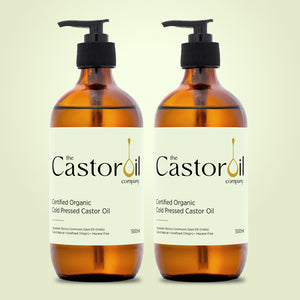 Certified organic cold-pressed castor oil, 1 litre pack of two 500ml amber glass bottles with pump dispensers